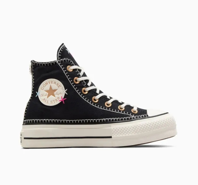 Converse Chuck Taylor All Star Lift Hi In Black With Cross Stitch Detail