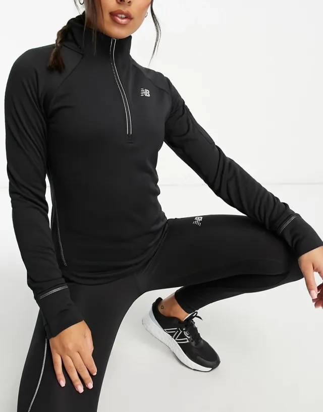 New Balance Women's NB Heat Grid Half Zip in Black Poly Knit