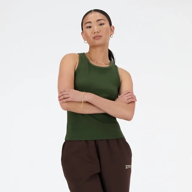 New Balance Women's Linear Heritage Rib Knit Racer Tank in Green Poly Knit