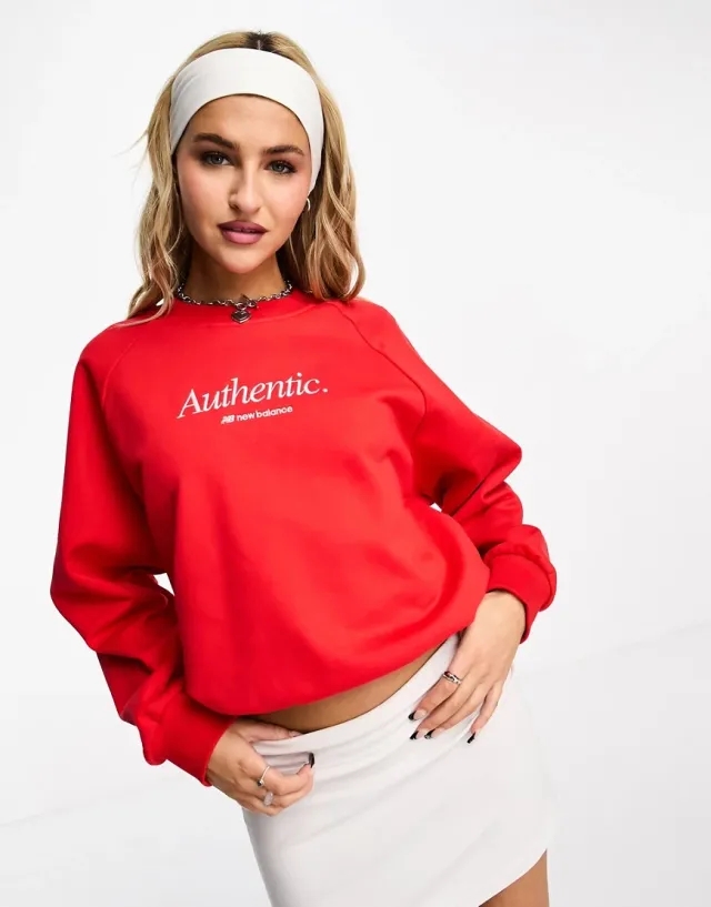 New Balance Women's NB Athletics Icono-Graphic Crew Sweatshirt in Red Cotton