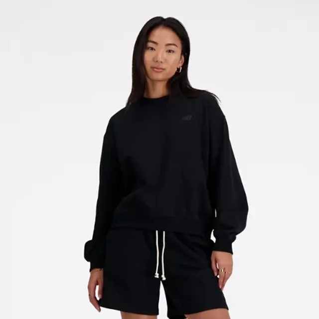 New Balance Women's Athletics French Terry Crew in Black Cotton Fleece