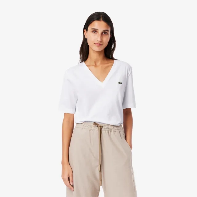Lacoste Relaxed Fit Soft Cotton Jersey V Neck T-shirt - White
