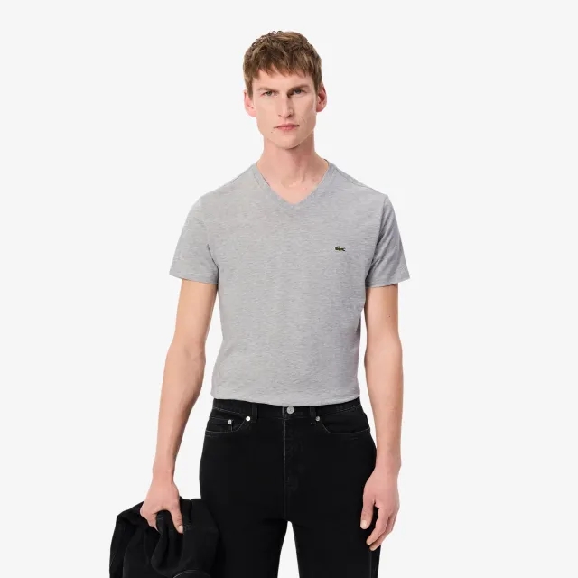 Lacoste V Neck Cotton Pima T-shirt - Grey Chine