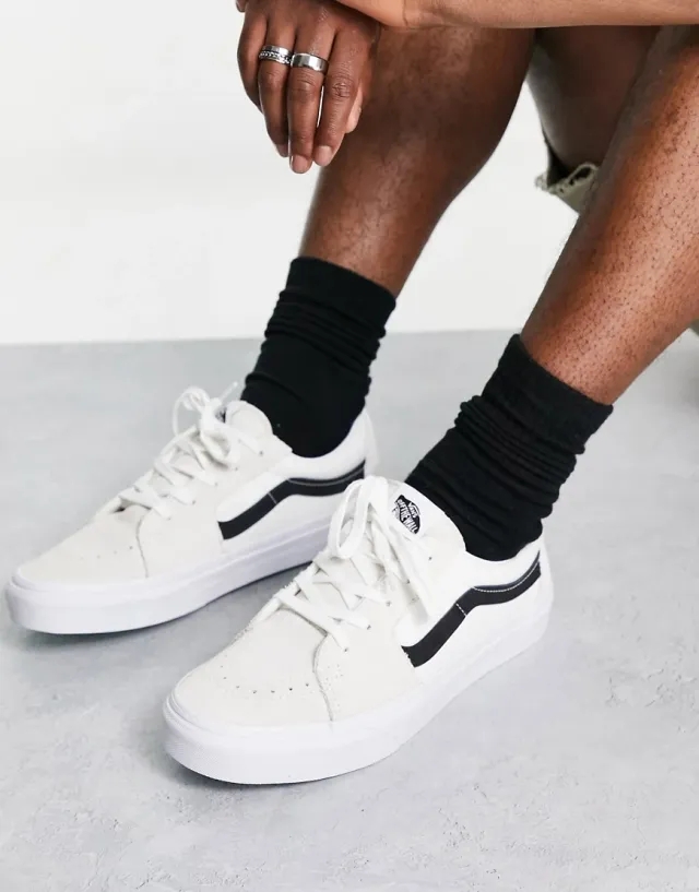 Vans Sk8-Low Trainers In White With Black Side Stripe
