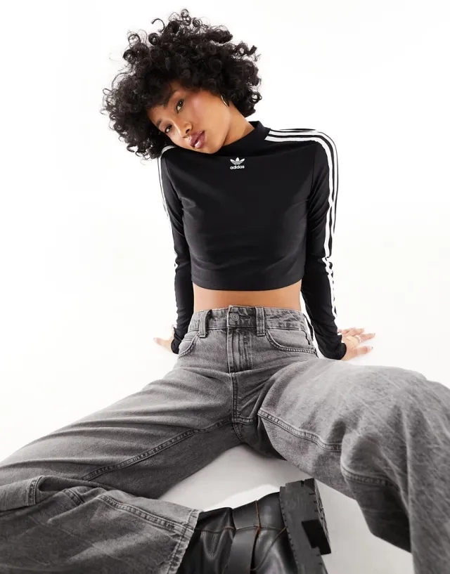 Adidas Originals Cropped Long Sleeve Top In Black