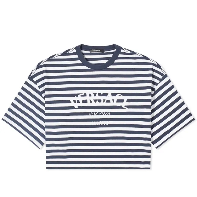 Versace Women's Crop Stripe Logo T-Shirt White/Navy/Multi