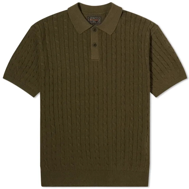 Beams Plus Men's Cable Knit Polo Olive