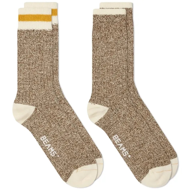 Beams Plus Rag Socks - Khaki / Line Yellow