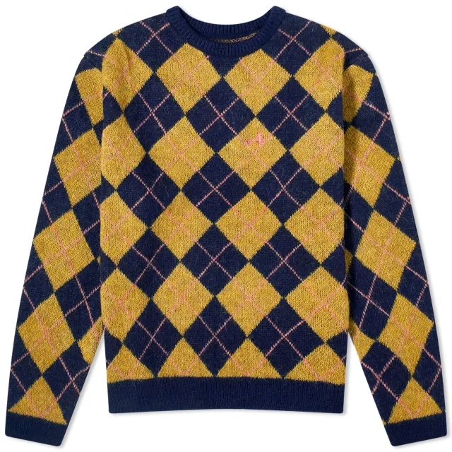 Awake NY Men's Argyle Mohair Crew Knit Brown Multi