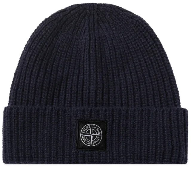 Stone Island Men's Wool Patch Beanie Hat Navy Blue