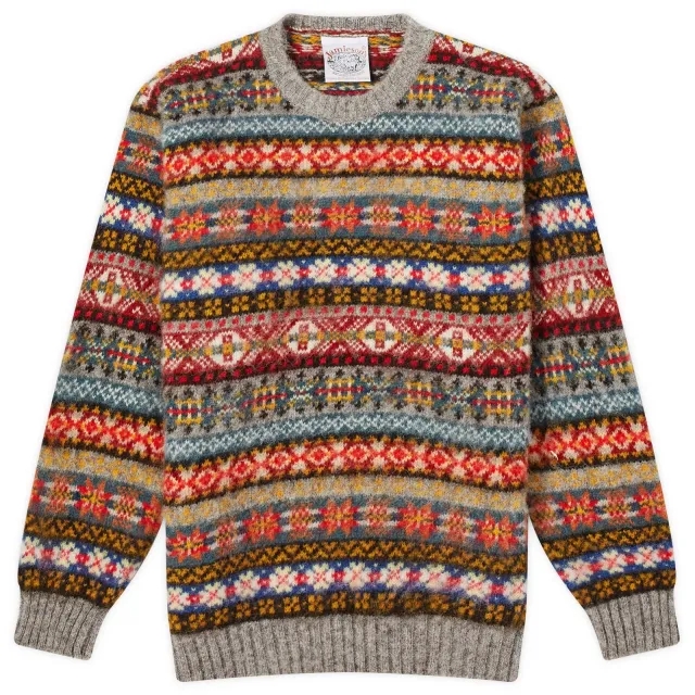 Jamieson's of Shetland Men's Brushed Fair Isle Crew Knit Steel Grey