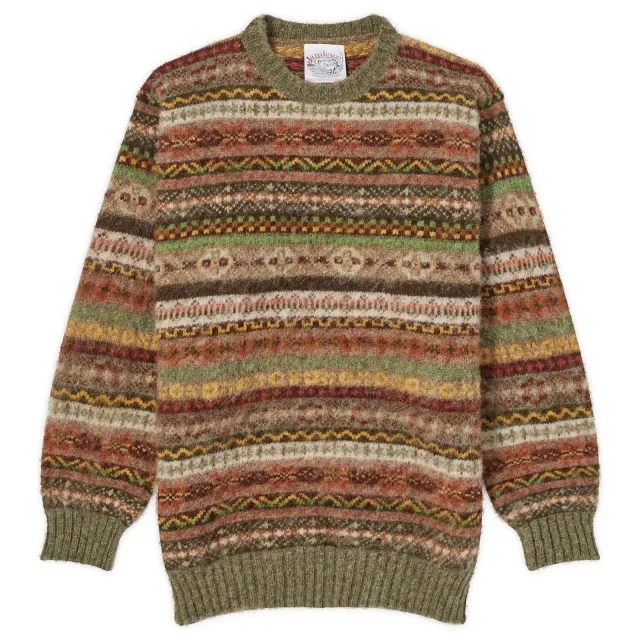Jamieson's of Shetland Men's Brushed Fair Isle Crew Knit Artichoke
