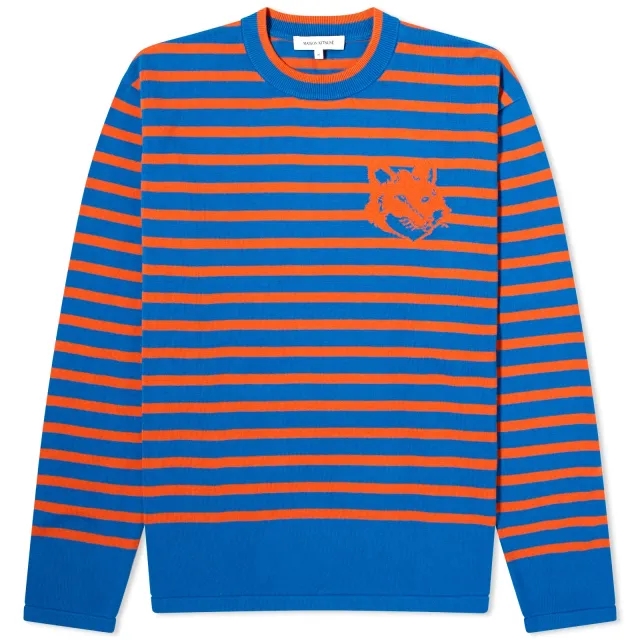 Maison Kitsuné Men's Fox Head Intarsia Stripe Sweat Hampton Blue/Tobacco Stripe