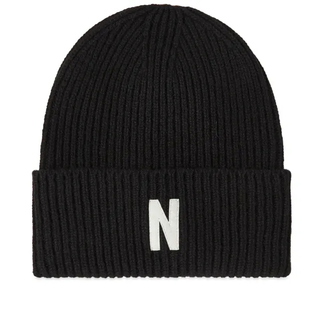 Norse Projects Merino Lambswool Rib N Logo Beanie Men Beanies Black
