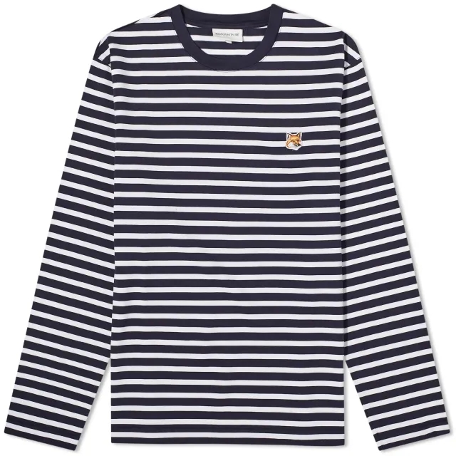 Maison Kitsuné Maison Kitsune Fox Head Patch Marine Stripe Long Sleeve T-Shirt Navy Stripes