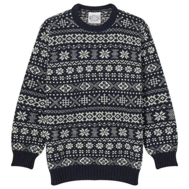 Jamieson's of Shetland Men's Snowflake Fair Isle Crew Knit Dark Navy/White