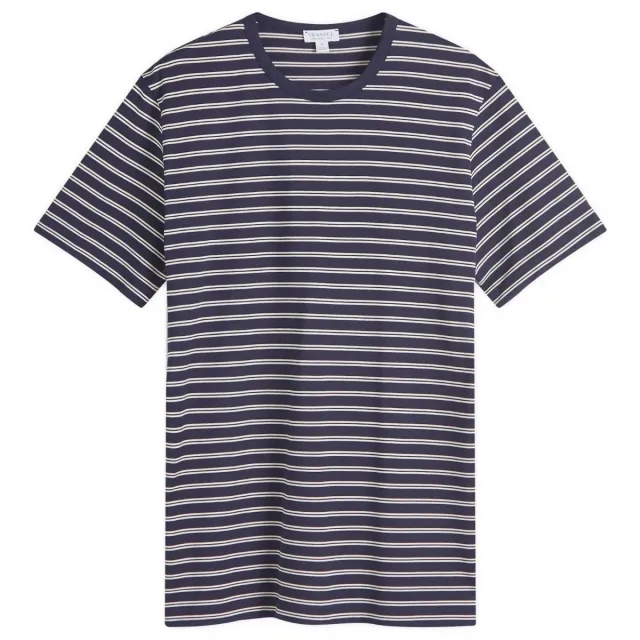 Sunspel Men's Classic Crew Neck Stripe T-Shirt Navy/Ecru Tramline Stripe