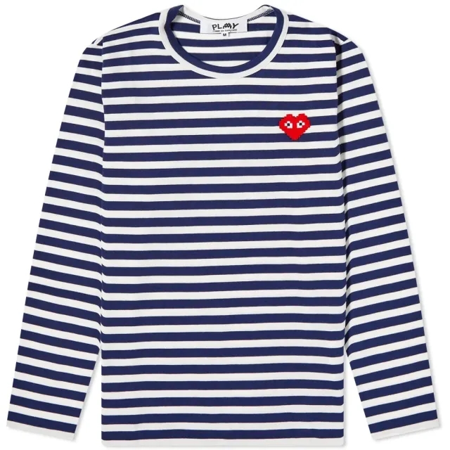Asics Comme des Garçons Play Women's Invader Heart Stripe Long Sleeve T-Shirt Navy/White