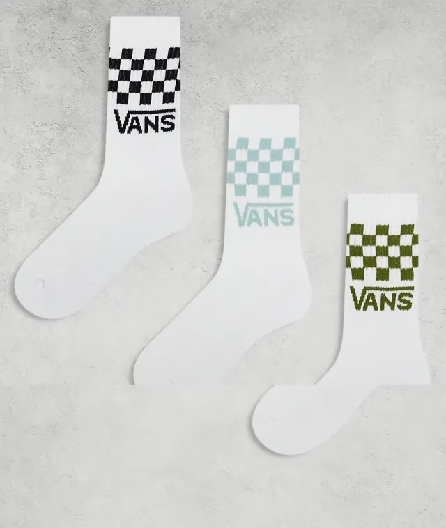 Vans 3 Pack Classic Crew Socks In White With Grey, Black And Blue-Multi