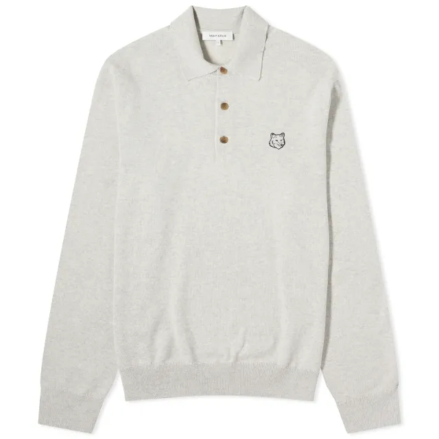 Maison Kitsuné Maison Kitsune Bold Fox Head Patch Knitted Polo Shirt Light Grey Melange