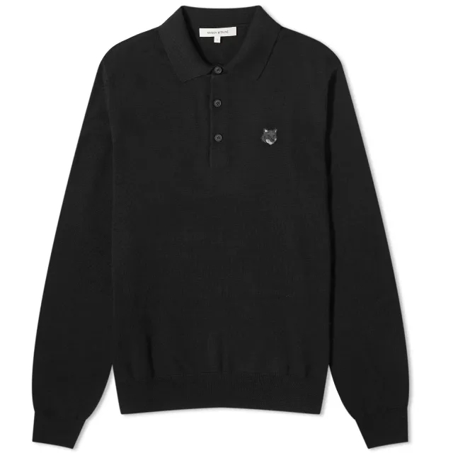Maison Kitsuné Maison Kitsune Bold Fox Head Patch Knitted Polo Shirt Black