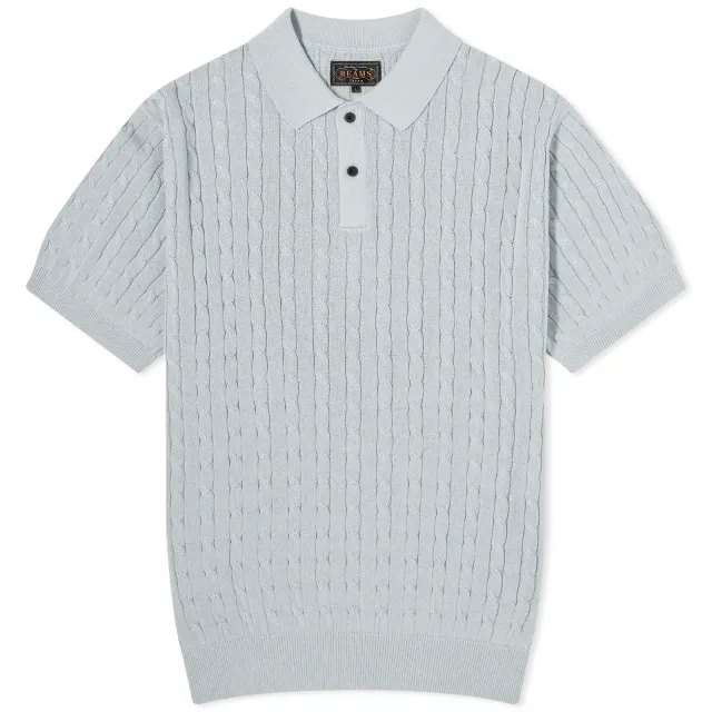 Beams Plus Men's Cable Knit Polo Ice Blue