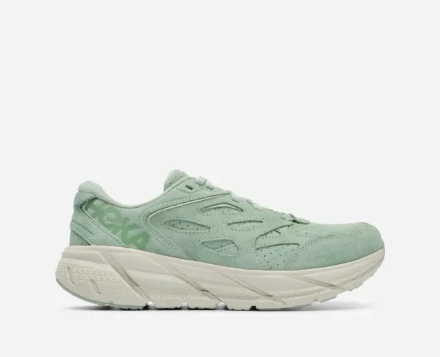 Hoka One One HOKA Clifton L Suede Walking Shoes in Smoke Green/Celadon Tint