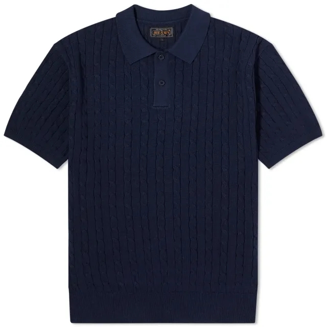 Beams Plus Men's Cable Knit Polo Navy