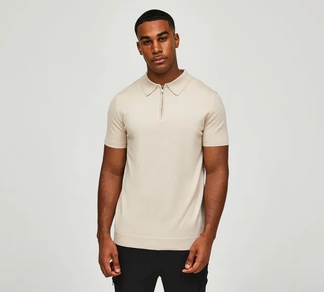 Belier Short Sleeved Quarter Zip Knit Polo Shirt - Beige - Size XL - Beige