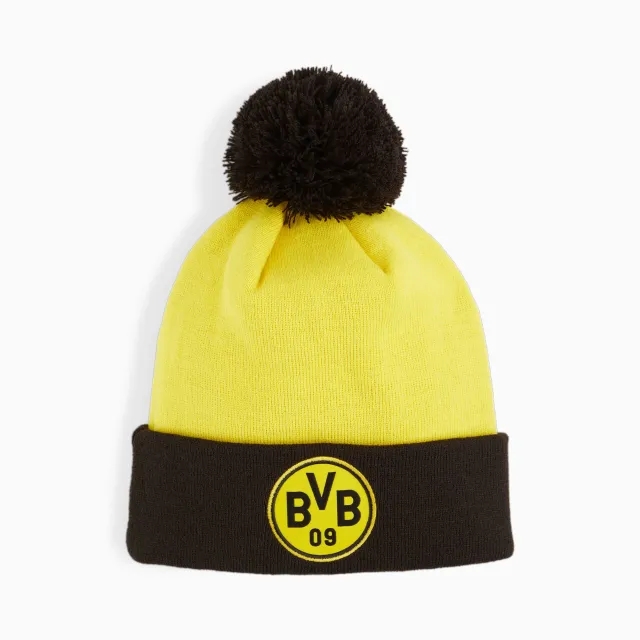 PUMA Borussia Dortmund Ftblessentials Pom Pom Beanie Hat, Faster Yellow/Black