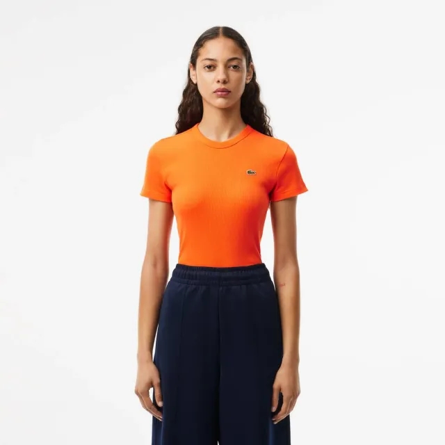 Lacoste Slim Fit Ribbed Cotton T-shirt - Orange