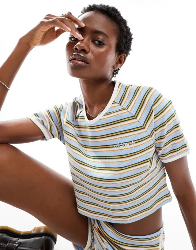 Adidas Originals 80S Ribbed Baby Tee In Blue Stripe-Multi