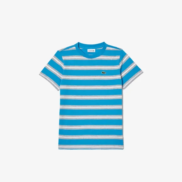 Kids’ Lacoste Stripe Print Cotton Jersey T-shirt - Blue / Grey Chine / White
