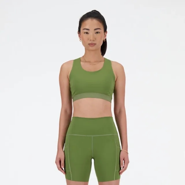 New Balance Women's NB Sleek Medium Support Pocket Sports Bra in Green Poly Knit