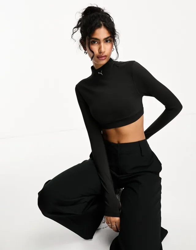 Puma Womens Modest Long Sleeve Sports Bra Top - Black