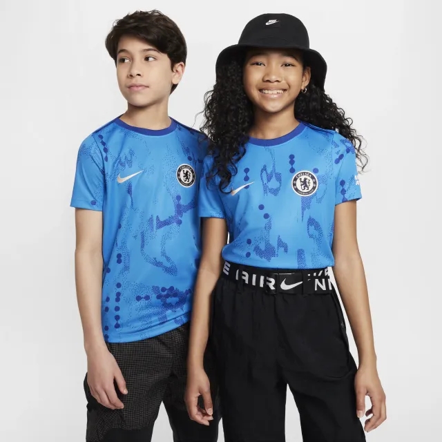 Chelsea F.C. Academy Pro Older Kids' Nike Dri-FIT Football Short-Sleeve Pre-Match Top - Blue - Polyester