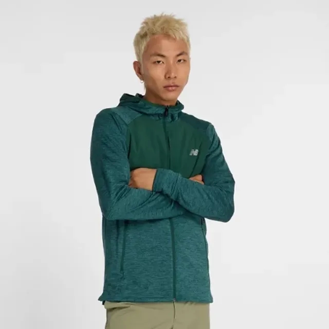 New Balance Men's Heat Grid Hooded Full Zip in Green Poly Knit
