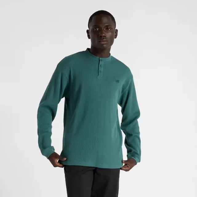 New Balance Men's Waffle Knit Long Sleeve Henley in Green Cotton