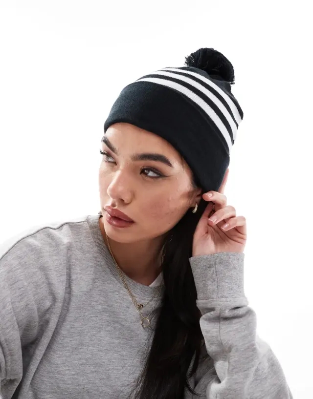 Adidas Performance 3 Stripe Beanie With Pom-Pom In Black