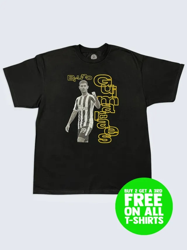 90s STYLE NEWCASTLE UNITED BRUNO GUIMARAES BOOTLEG TEE | Cult Kits, Small / Newcastle / Black
