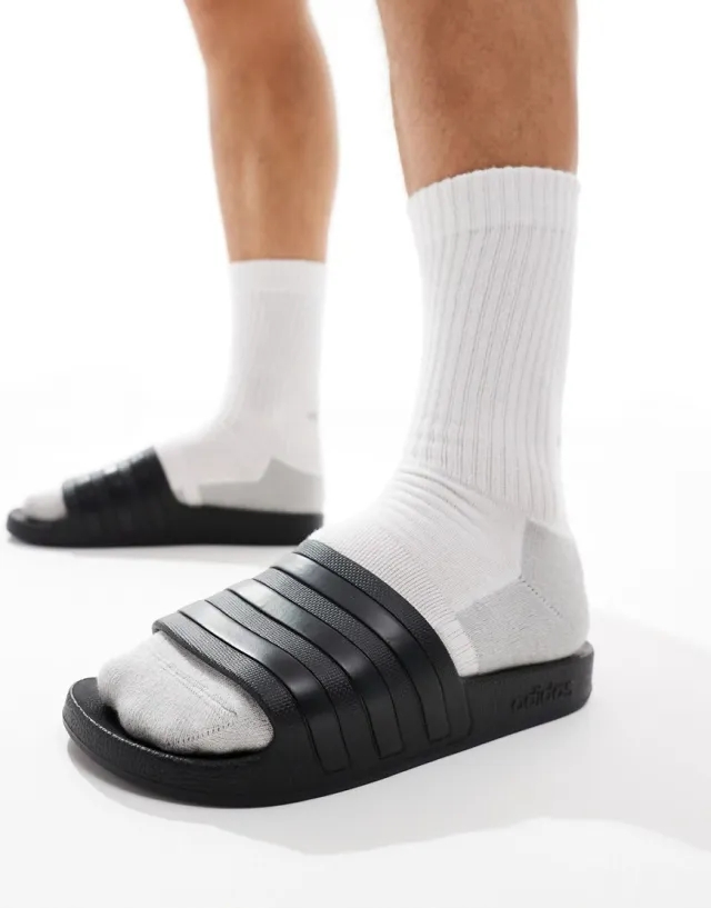 Adidas Swim Adilette Black Stripe Sliders In Black