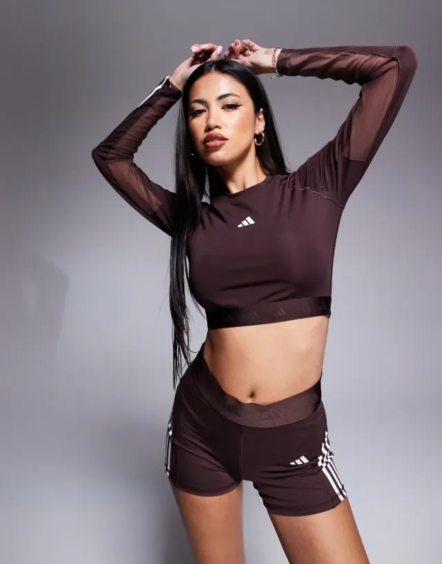 Adidas Training Hyperglam Long Sleeve Crop Top In Brown