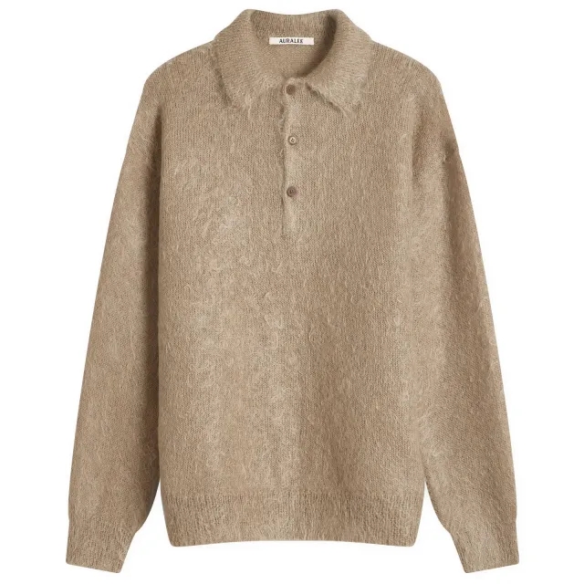 Auralee Men's Kid Mohair Polo Gray Beige