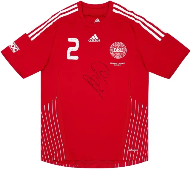 adidas 2008 Denmark Match Worn Signed Home Shirt #2 (Poulsen) v Spain