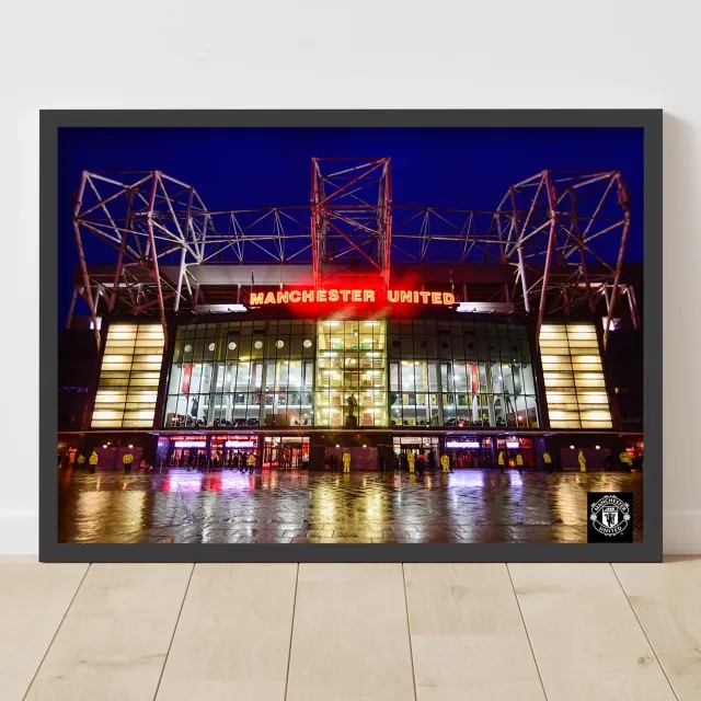 Manchester United Old Trafford Forecourt at Night Framed Print - A3