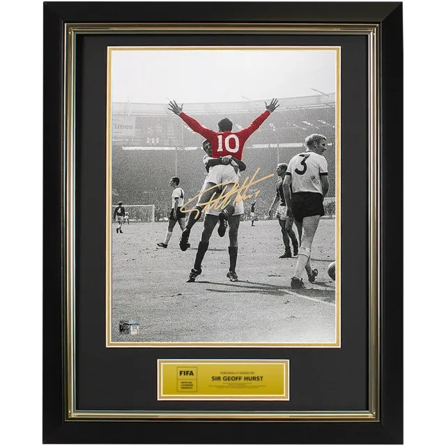 Sir Geoff Hurst Official FIFA World Cup Gold Signed England Photo: Hat-Trick Hero - Framed