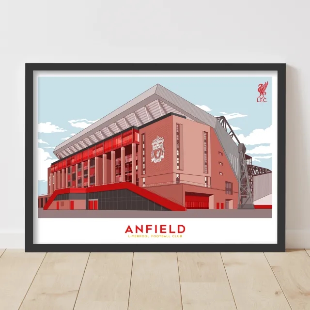 Liverpool Anfield Illustration Outside Blue Sky Print - Framed A3