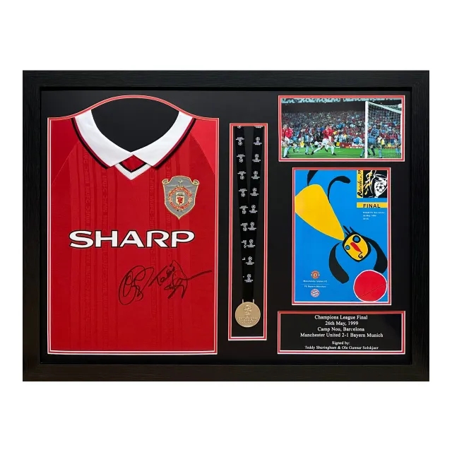 Champion Soslkjaer & Sheringham signed 1999 shirt with medal - Framed