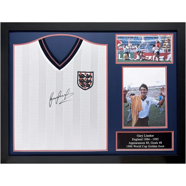 Gary Lineker Signed Official England Retro 1986 World Cup Shirt - Framed