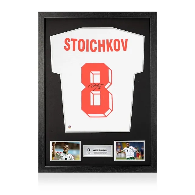 Icons UEFA 2024 Hristo Stoichkov Back Signed and Framed Bulgaria T-Shirt with Fan Style Numbers